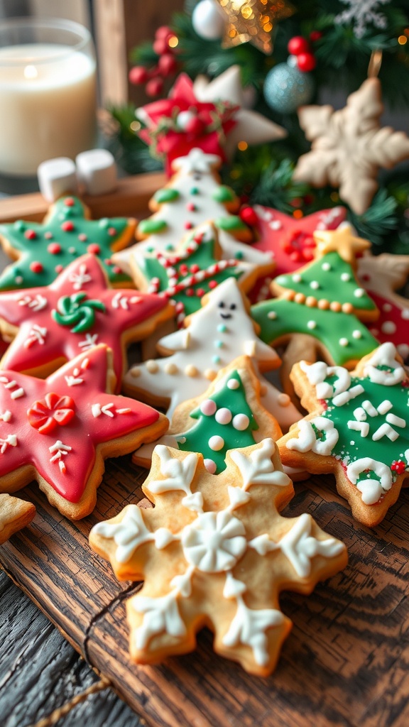 Decorated Christmas cookies in festive shapes like stars and trees, showcasing colorful icing and sprinkles.